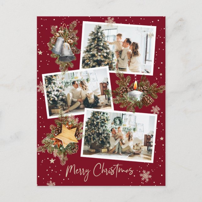 Custom Red 3 Photo Collage Merry Christmas Postcard (Front)