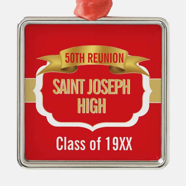 Custom Red 50th Class Reunion  Metal Tree Decoration (Front)