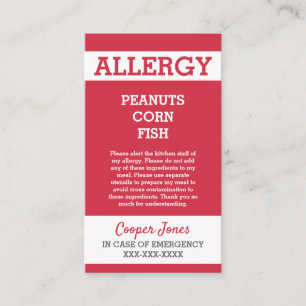 Custom Red Allergy Alert Restaurant Emergency Calling Card