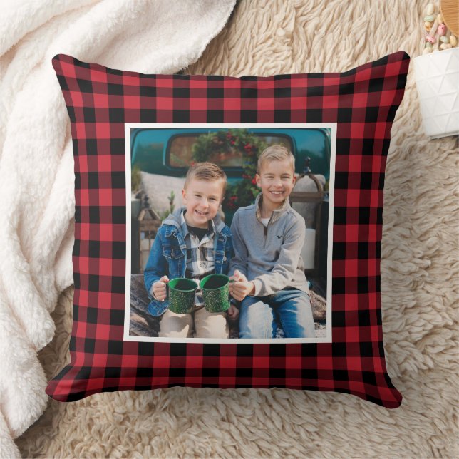 Custom Red and Black Buffalo Plaid Holiday Photo Cushion (Blanket)