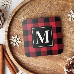 Custom Red and Black Buffalo Plaid Monogram Coaster
