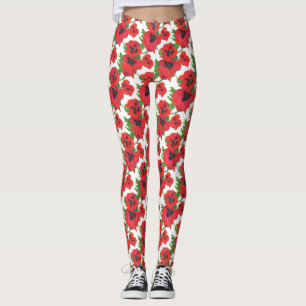 Custom Red and Black Oriental Poppies on White Leggings