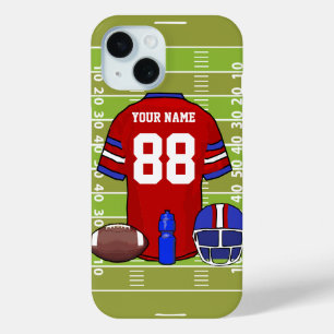 Custom Red and Blue Football Jersey on Field iPhone 15 Case