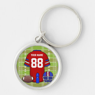 Custom Red and Blue Football Jersey on Field Key Ring