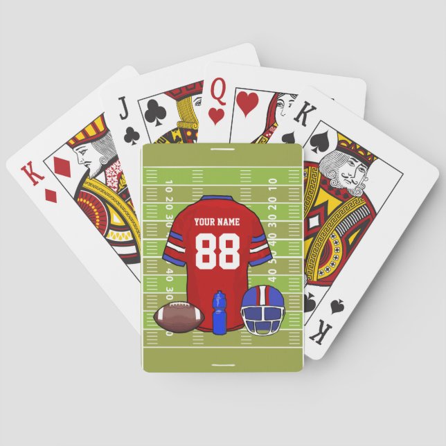 Custom Red and Blue Football Jersey on Field Playing Cards (Back)