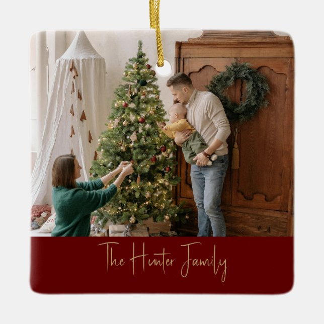 Custom Red and Gold Minimalist Arch Family Photo Ceramic Ornament (Front)