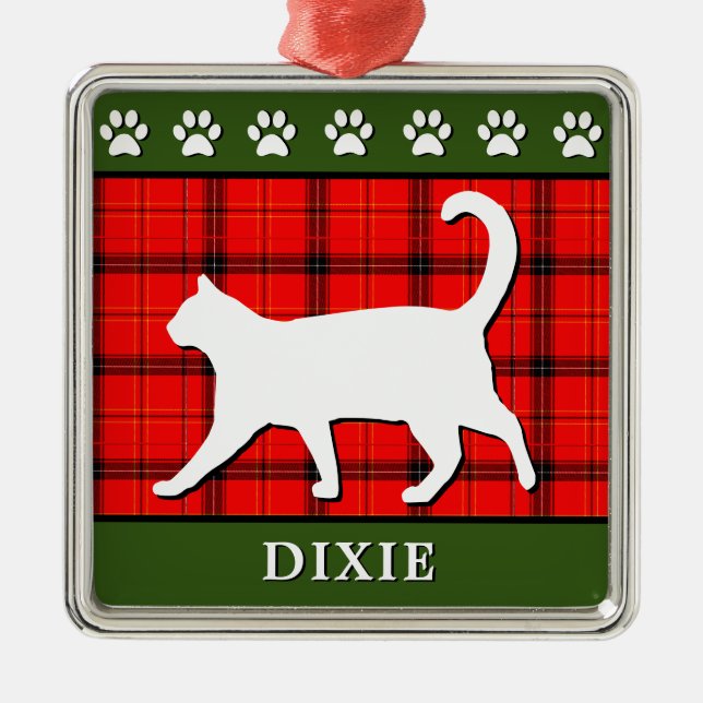 Custom Red and Green Christmas Kitty Cat Metal Tree Decoration (Front)