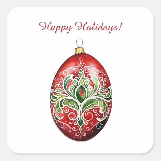 Custom Red and Green Christmas Ornament Holiday Square Sticker (Front)