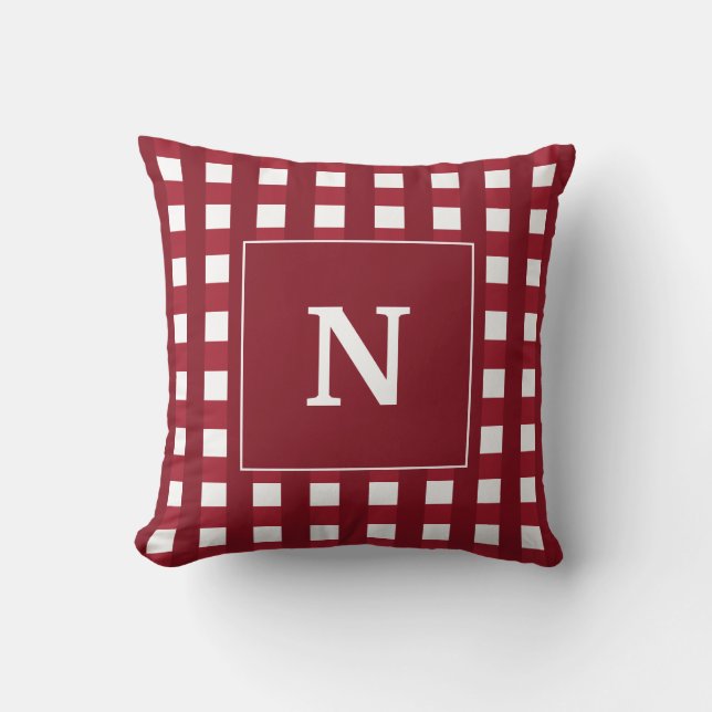 Custom Red And White Monogram Plaid Cushion (Front)