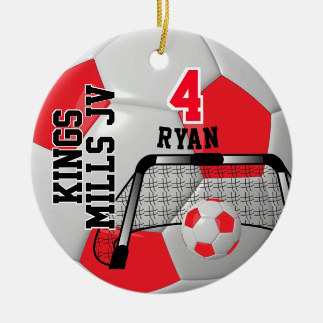 Custom Red and White Personalise Soccer Ball Ceramic Tree Decoration (Front)
