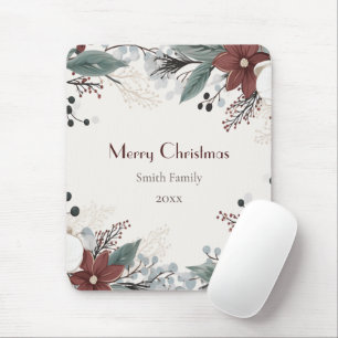 Custom Red And White Watercolour floral Christmas Mouse Mat