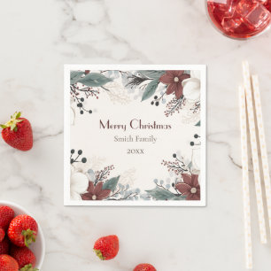 Custom Red And White Watercolour floral Christmas Napkin
