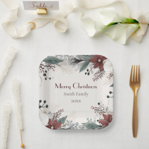Custom Red And White Watercolour floral Christmas Paper Plate