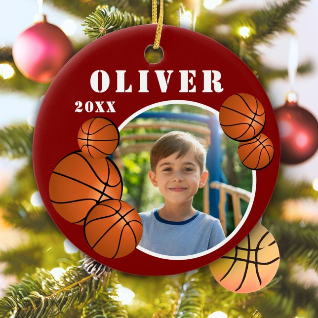 Custom Red Basketball Ball Sports Photo Ceramic Tree Decoration (Creator Uploaded)