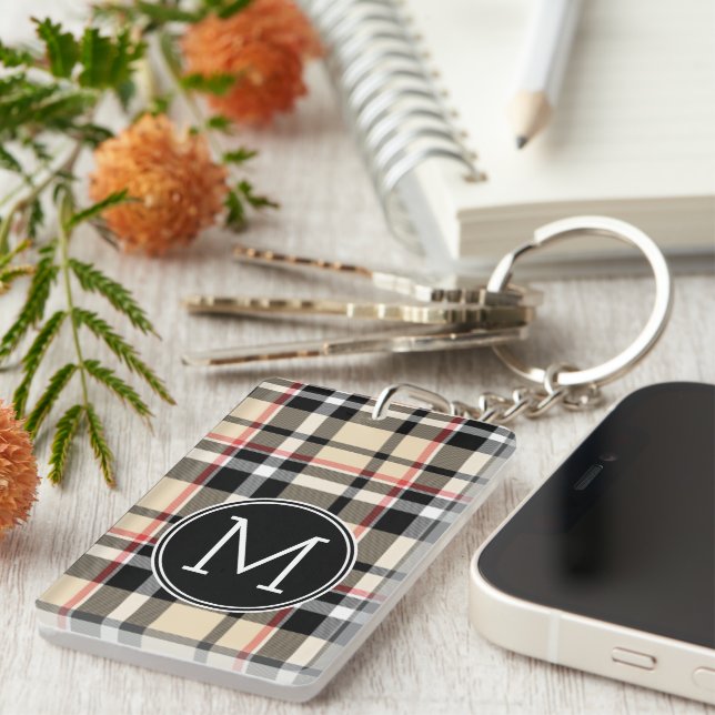 Custom Red Beige Black White Squares Plaid Pattern Key Ring (Front Right)