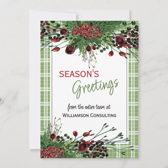 Custom Red Berries Green Holly Botanical Foliage Holiday Card (Front)