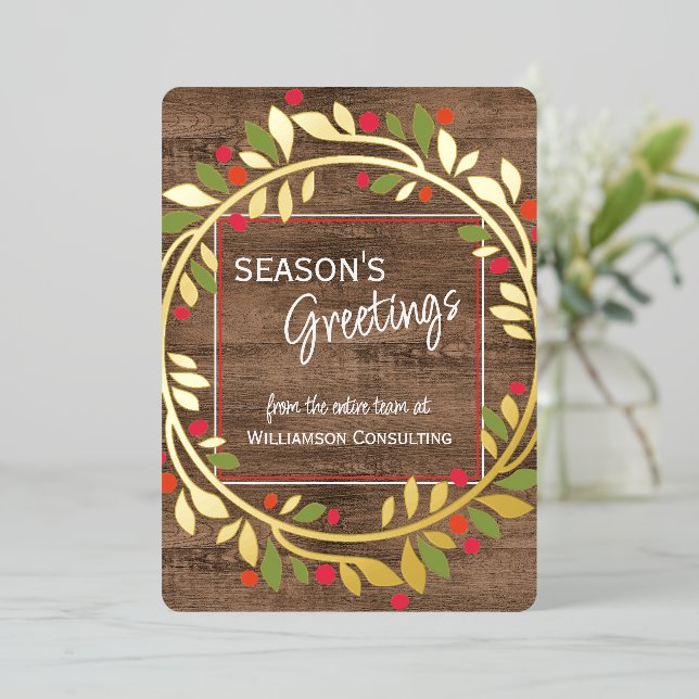 Custom Red Berries Green Holly Foliage Gold Foil Holiday Card (Standing Front)