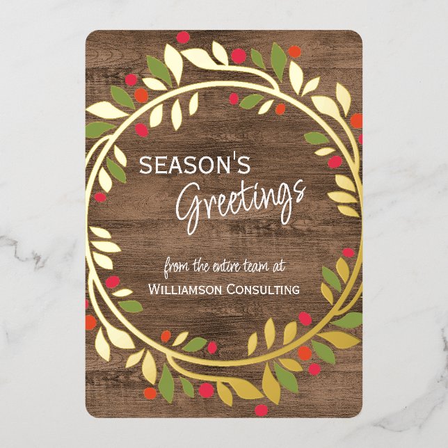Custom Red Berries Green Holly Foliage Gold Foil Holiday Card (Front)