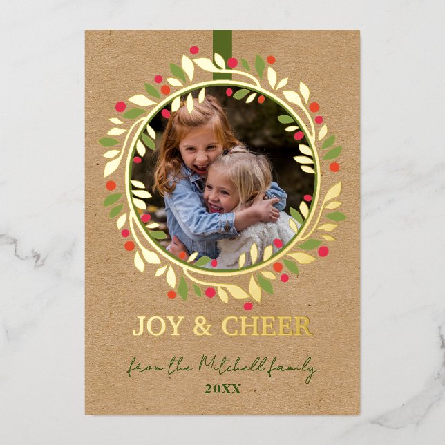 Custom Red Berries Green Leaves Wreath Gold Foil Holiday Card (Front)