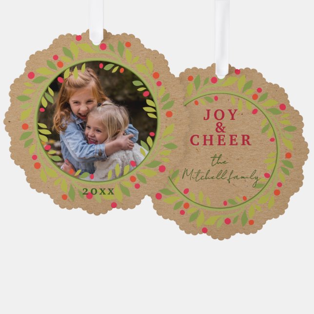 Custom Red Berries Green Leaves Wreath Tree Decoration Card (Front/Back)