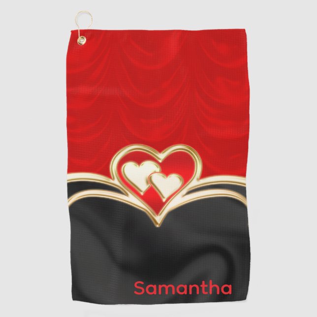 Custom Red Black and Gold Stylish Monogram Name  Golf Towel (Front)