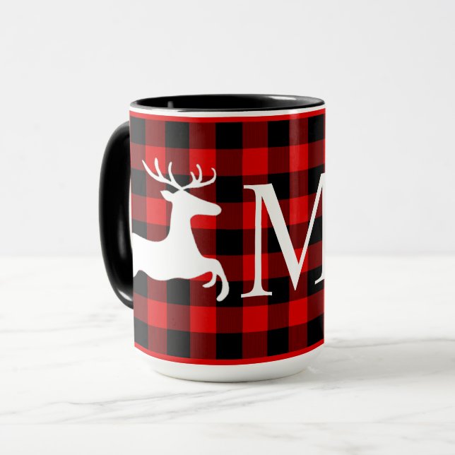 Custom Red Black Buffalo Lumberjack Check Plaid Mug (Front Left)