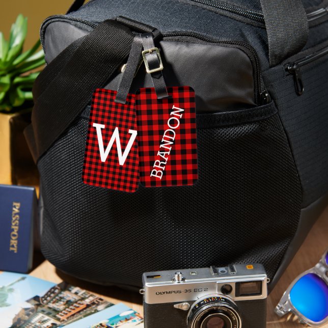 Custom Red Black Buffalo Lumberjack Pattern Luggage Tag (Front & Back)