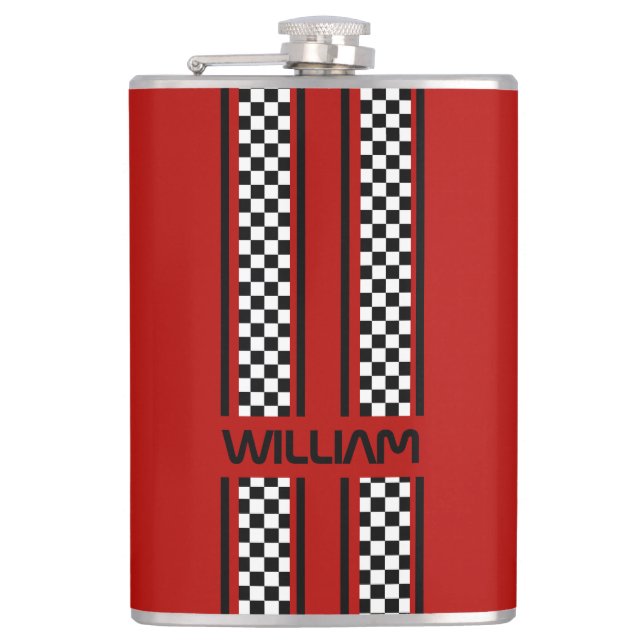 Custom Red & Black Race Sport Stripe Hip Flask (Front)
