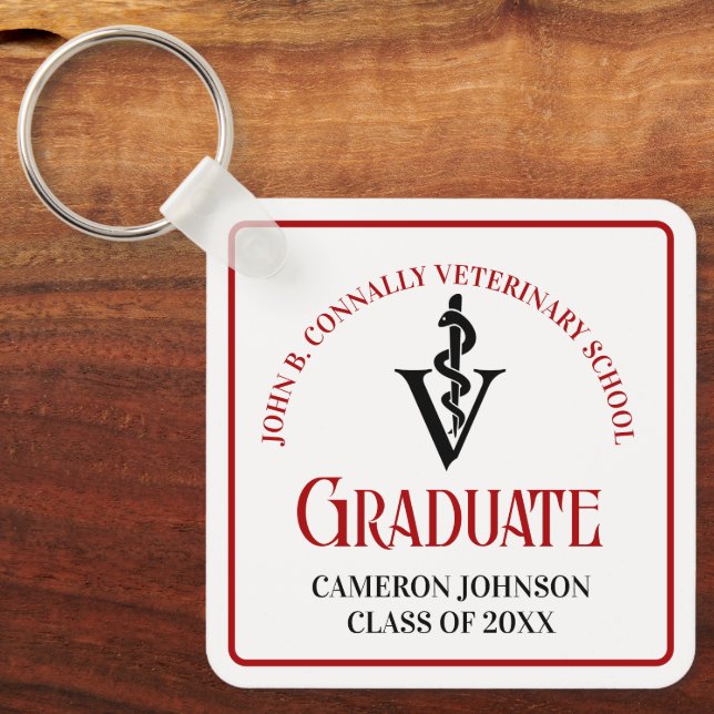 Custom Red Black Veterinary School Graduation Key Ring (Front)