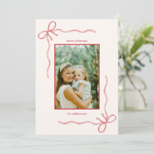 Custom Red Bow Family Christmas Photo Letter Holiday Card