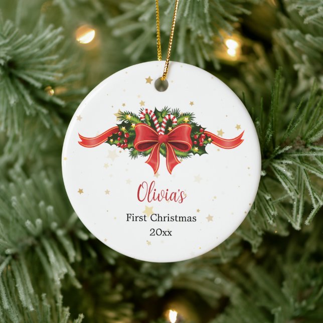Custom Red Bow First Christmas Ornament (Tree)
