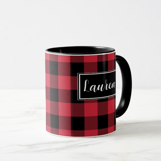 Custom Red Buffalo Check Plaid Mug (Front Right)