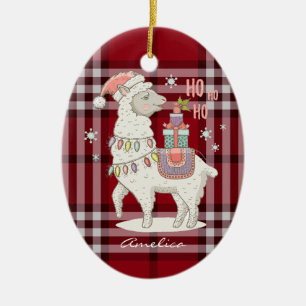 Custom Red Buffalo Check Plaid Tartan Llama Alpaca Ceramic Tree Decoration