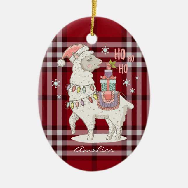 Custom Red Buffalo Check Plaid Tartan Llama Alpaca Ceramic Tree Decoration (Front)