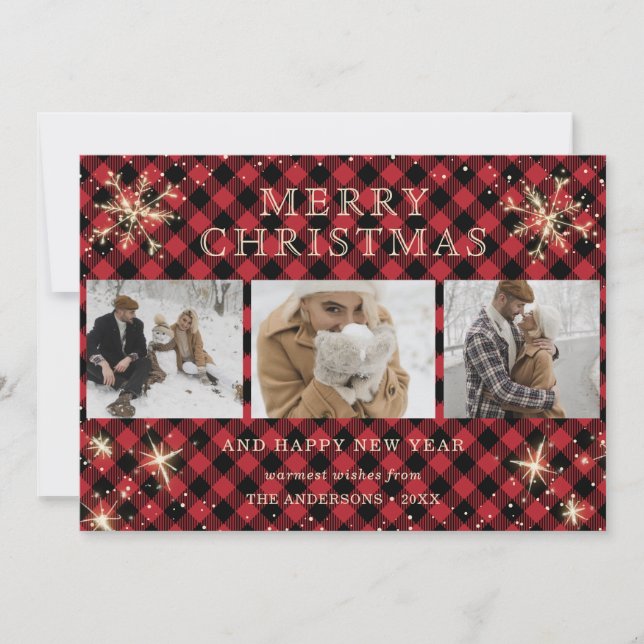 Custom Red Buffalo Plaid 3 Photo Holiday Card (Front)