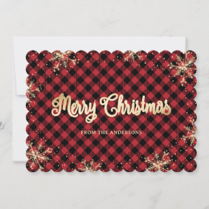 Custom Red Buffalo Plaid Gold Christmas Cards