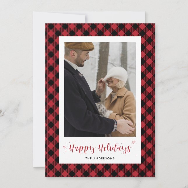 Custom Red Buffalo Plaid Photo Holiday Cards (Front)