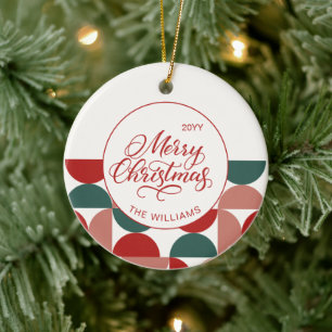 Custom Red Christmas Geometric Pattern Photo Ceramic Tree Decoration