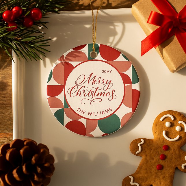 Custom Red Christmas Geometric Pattern Photo Ceramic Tree Decoration (Creator Uploaded)