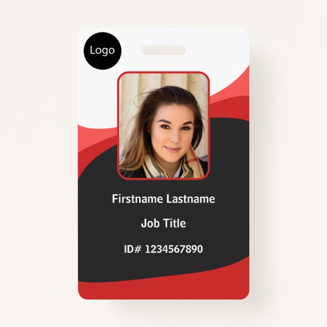 custom Red company employee Photo, Logo, Bar Code ID Badge (Front)