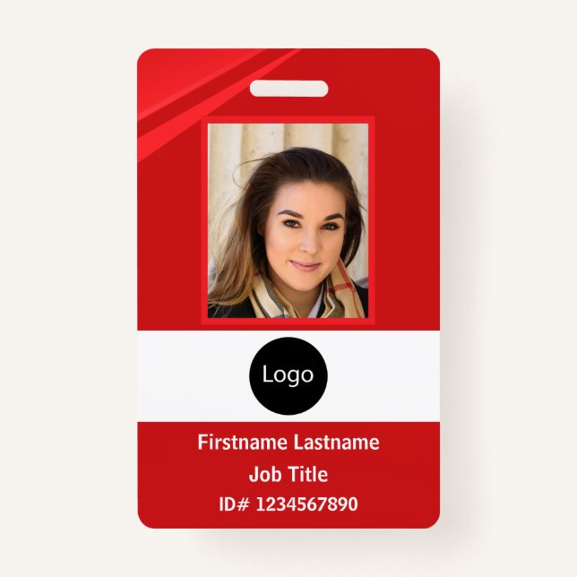 custom Red company employee Photo, Logo, Bar Code ID Badge (Front)