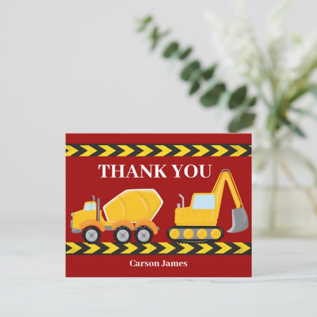 Custom Red Construction Truck Boys Birthday Party  Thank You Card (Standing Front)