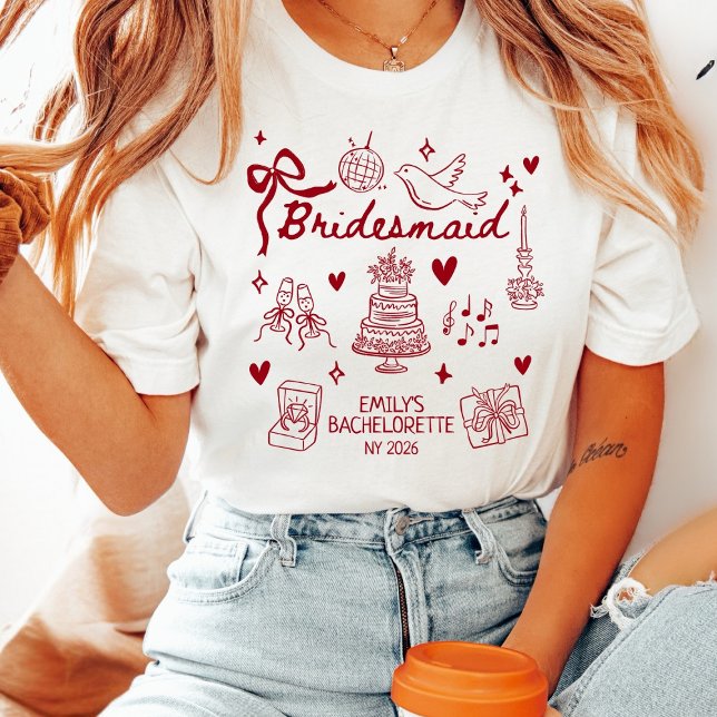 Custom Red Coquette Bridesmaid Bachelorette Party  T-Shirt (Creator Uploaded)