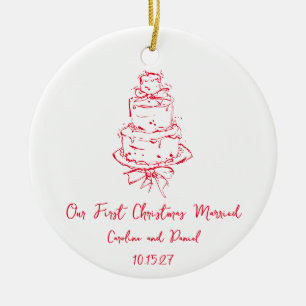 Custom Red Doodle Cake First Christmas Married Ceramic Tree Decoration