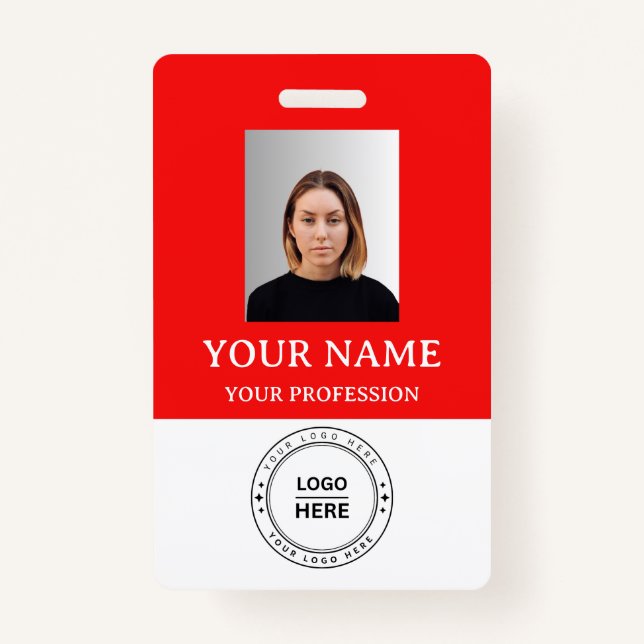Custom red Employee Badge with Photo, Logo, QR ID Badge (Front)