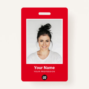 Custom Red Employee Large Photo, BarCode, Name ID Badge