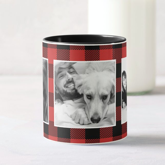 Custom Red Family Photo Buffalo Plaid Pattern Mug (Creator Uploaded)