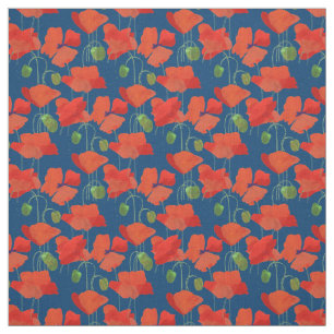 Custom Red Field Poppies Deep Blue Floral Fabric