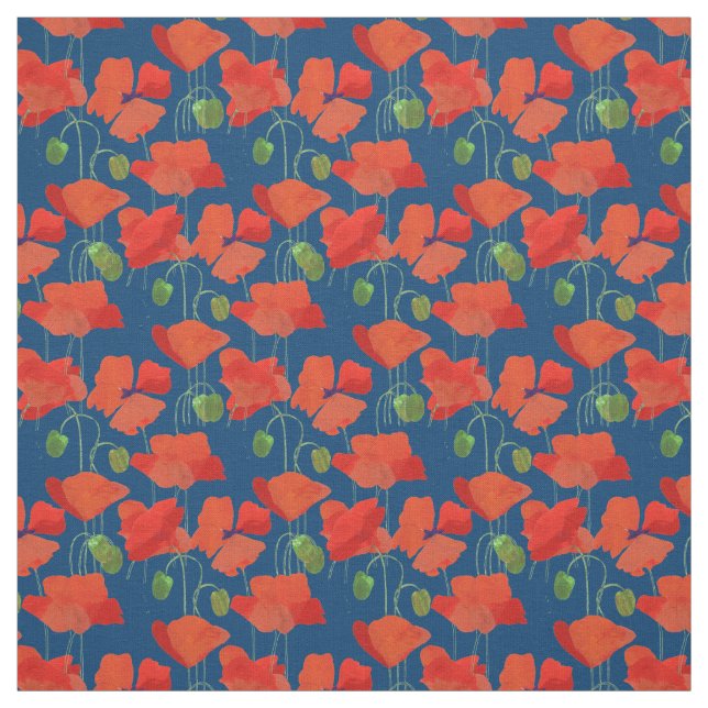 Custom Red Field Poppies Deep Blue Floral Fabric (Swatch)