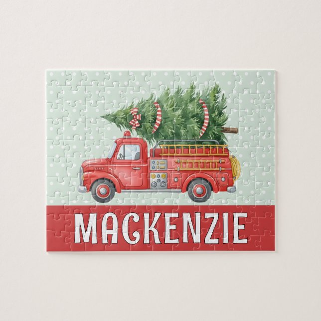 Custom Red Fire Christmas Tree Truck Firefighter  Jigsaw Puzzle (Horizontal)